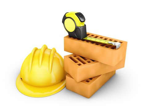 measuring tape next to the helmet and bricks. 3d rendering.
