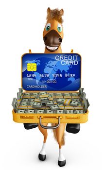 A horse holds a suitcase with dollars and a credit card. 3d rendering.