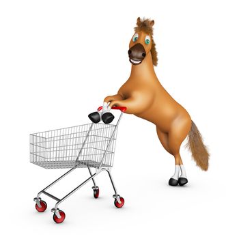 A horse with a shopping cart on a white background. 3D rendering