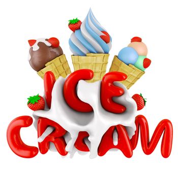 different types of ice cream with strawberries in a waffle cone and a voluminous text - ice cream. 3d rendering.