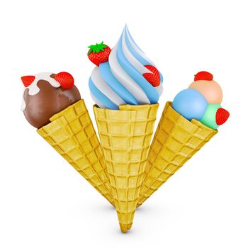 different types of ice cream with strawberries in a waffle cone. 3d rendering.