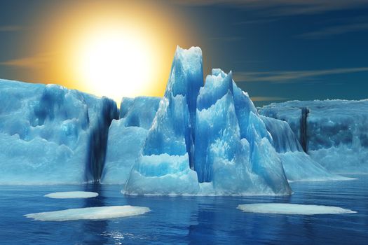 Iceberg in the background of the sun. 3d render.