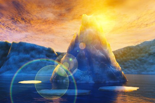 Iceberg in the background of the sun. 3d render.