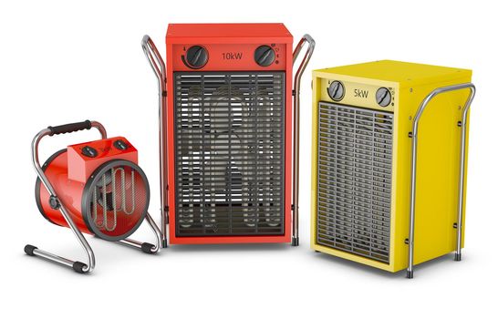 Industrial heat fans on a white background. 3d rendering.