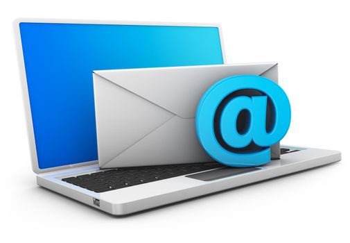 A laptop on which is an envelope and an email sign. 3d rendering.