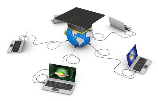 laptops and a globe with a graduate cap. 3d rendering.