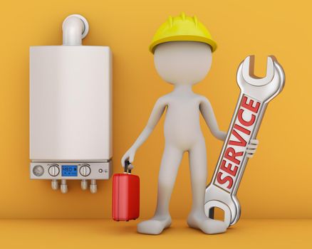 Man with red suitcase and a wrench with an inscription service and modern turbofan boiler. 3D rendering.