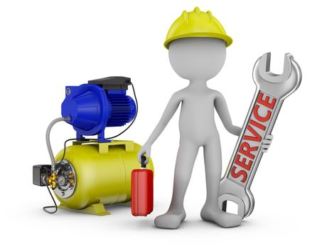 a man with a wrench and a pumping station. 3d rendering.
