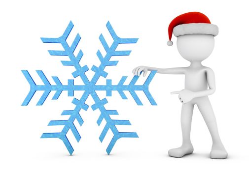 A man in a santa hat  next to a snowflake. 3d rendering.