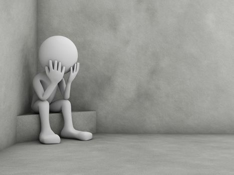 A man in depression sits in the corner of the room. 3d rendering.