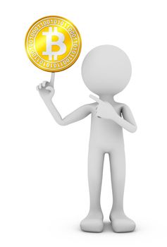 The man holds a bitcoin coin on his finger. 3d rendering.