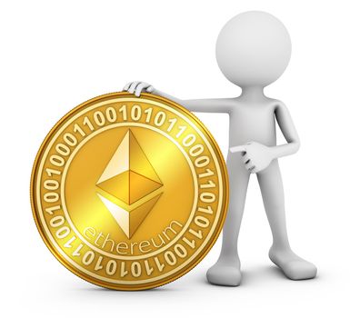 A man with a coin of the ethereum. 3d rendering.