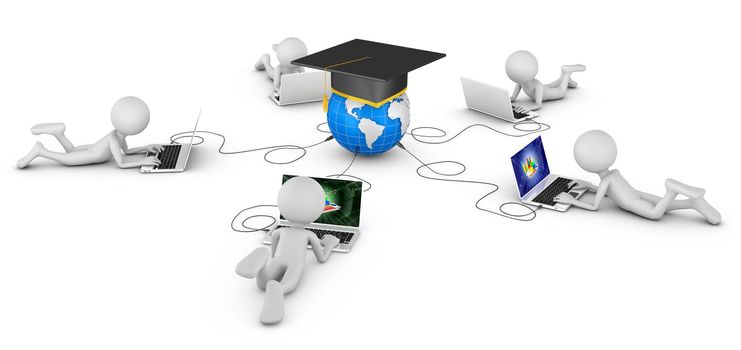 man with laptops and globe with a graduate cap. 3d rendering.