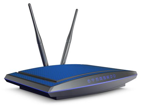 modern router with blue light on a white background. 3d rendering.
