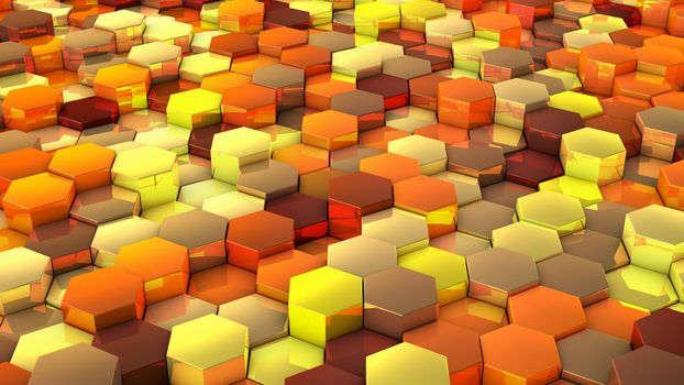 A network of hexagons yellow hue, which change height. 3D render.