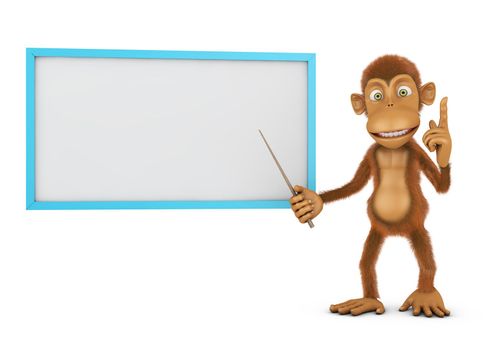 Brown monkey points on the board. 3d rendering.
