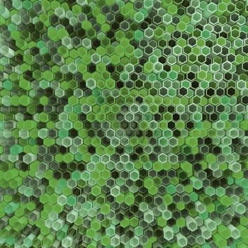 A network of hexagons green hue, which change height. 3D render.