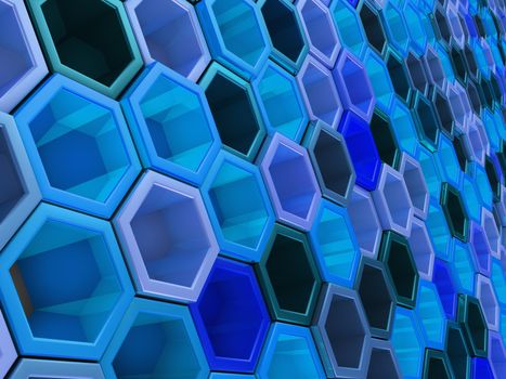 A network of hexagons blue hue, which change height. 3D render.