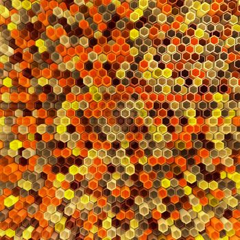 A network of hexagons yellow hue, which change height. 3D render.