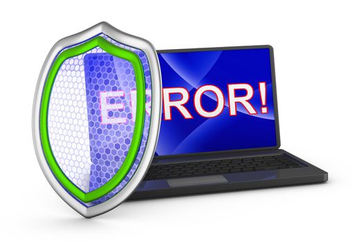 notebook with inscription error and shield. 3d rendering.