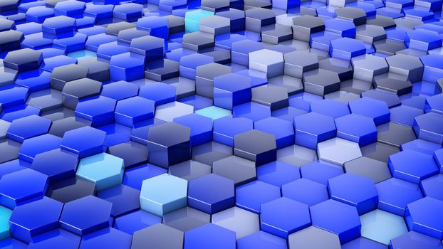 A network of hexagons blue hue, which change height. 3D render.