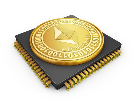 Processor and the ethereum coin. 3d rendering.