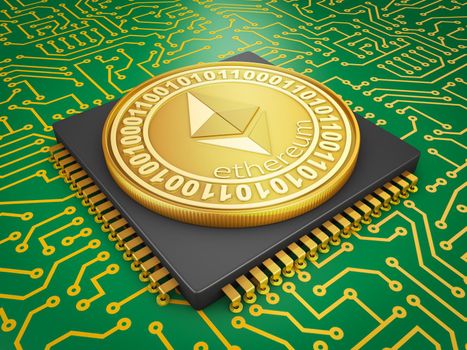 Processor and the ethereum coin. 3d rendering.