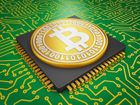 The processor on the board and coin bitcoin. 3d rendering.