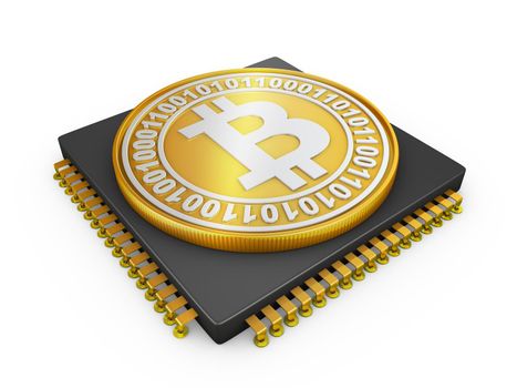 Processor and bitcoin coin on a white background. 3d rendering.