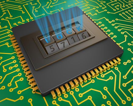 Processor with a combination lock. 3d rendering.