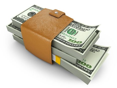 Swollen purse with piles of dollars. 3d rendering.