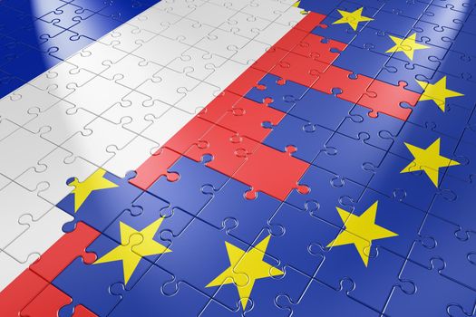 puzzle in the form of flags of the European Union and the France. 3d render.