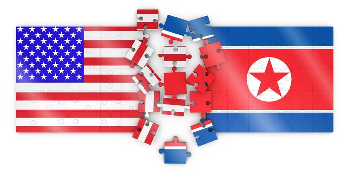Puzzle with the image of flag of North Korea and the United States. 3d rendering.