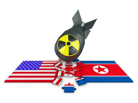 Puzzle with the image of flag of North Korea and the United States next to the atomic bomb. 3d rendering.