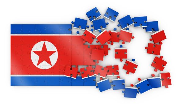 Puzzles with the image of the flag of North Korea. 3d rendering.