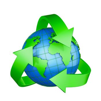 Recycling sign and a globe on a white background. 3D rendering.