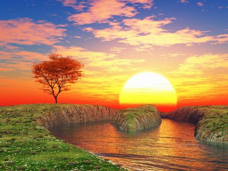 River and lonely tree on a sunset background. 3d rendering.