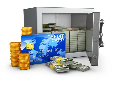 Safe with money and credit card. 3d rendering.