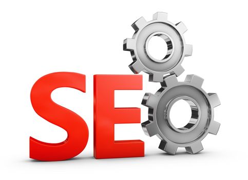 A voluminous inscription seo and gear. 3d rendering.