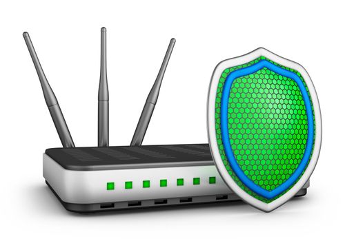 Green shield and a router. 3d rendering.