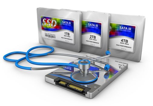 Hard disks type ssd and stethoscope. 3d rendering.