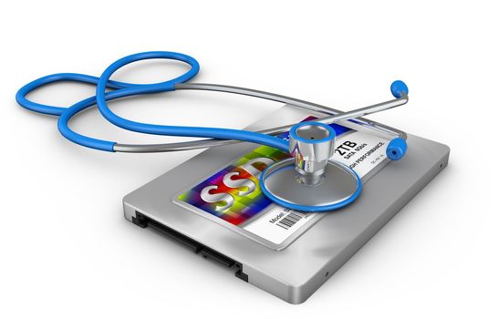 Hard disk type ssd and stethoscope. 3d rendering.