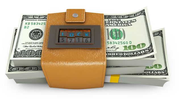 Swollen purse in the form of a combination lock, which has a pack of dollars. 3d rendering.