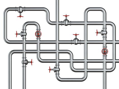 Glossy pipes and valves connection. 3d render.