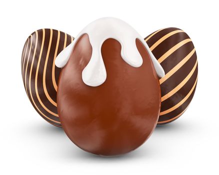 Three chocolate eggs on a white background. 3d rendering.