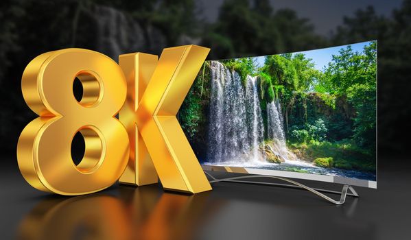 Ultra HD TV with a view of the beautiful waterfall, 3D-rendering.