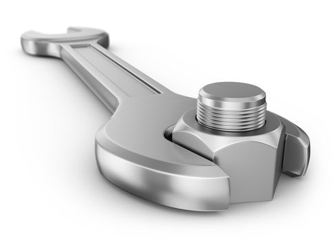 Wrench and nut with thread on a white background. 3d rendering.