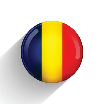 Glass light ball with flag of Romania. Round sphere, template icon. Romanian national symbol. Glossy realistic ball, 3D abstract vector illustration highlighted on a white background. Big bubble.