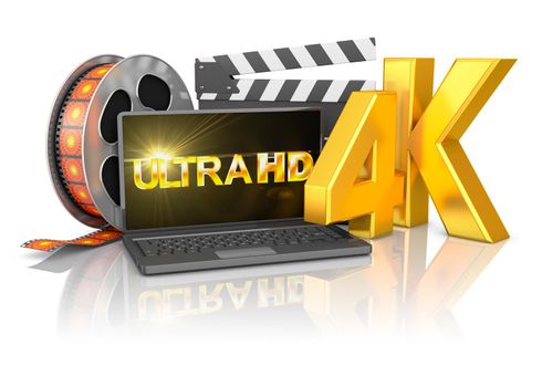 4K laptop and film strip on a white background, 3d render.