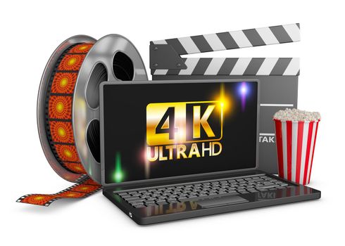 4K laptop, popcorn and film strip on a white background, 3d render.